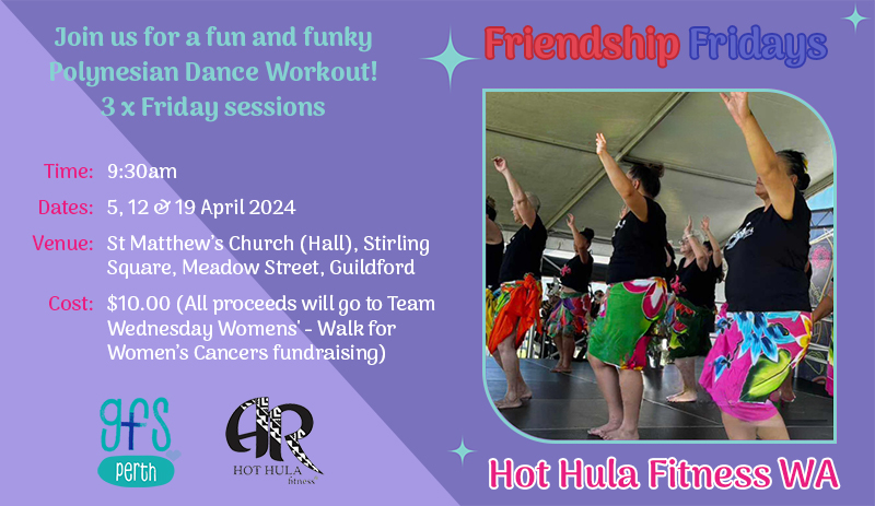 Invitation to join a Polynesian Dance Workout showing middle-aged women with bright floral skirts dancing the hula.