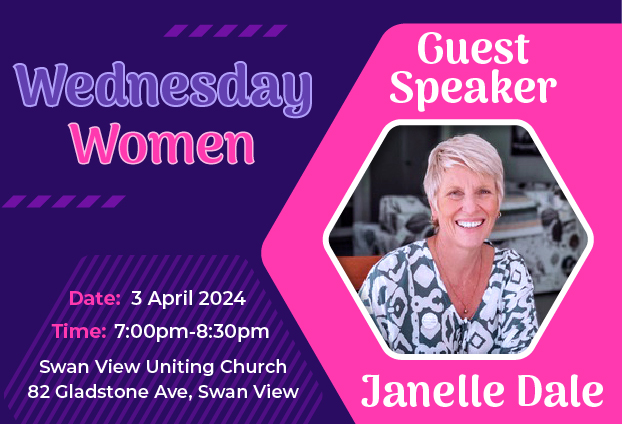 Wednesday Women Guest Speaker, Janelle Dale, a middle aged woman with blonde-gray hair and an awesome smile.